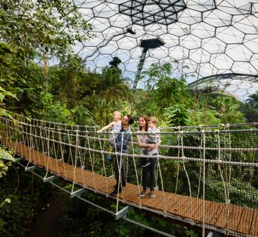 Family on wobbly bridge in Eden Project Rainforest Biome